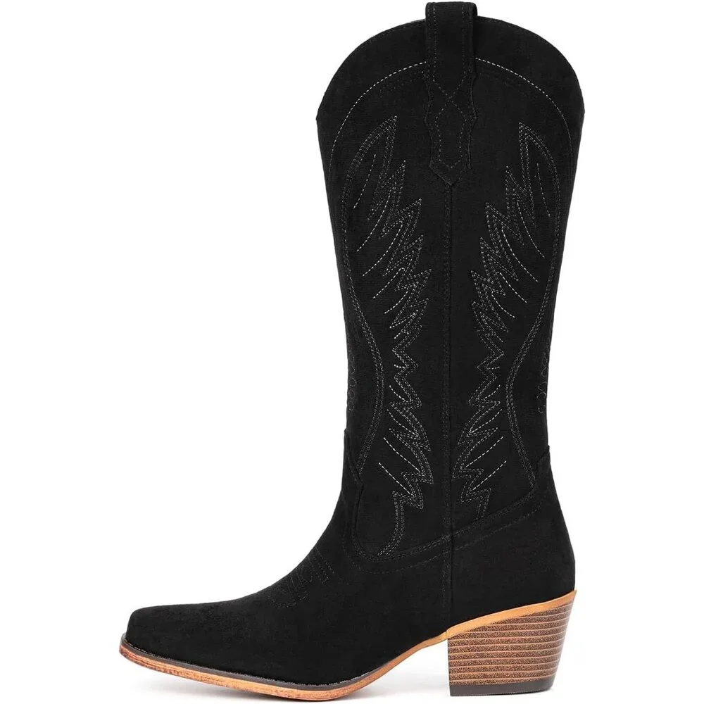 Women's Black Mid Calf Embroidery Cowgirl Boots Retro Snip Toe Western Boot